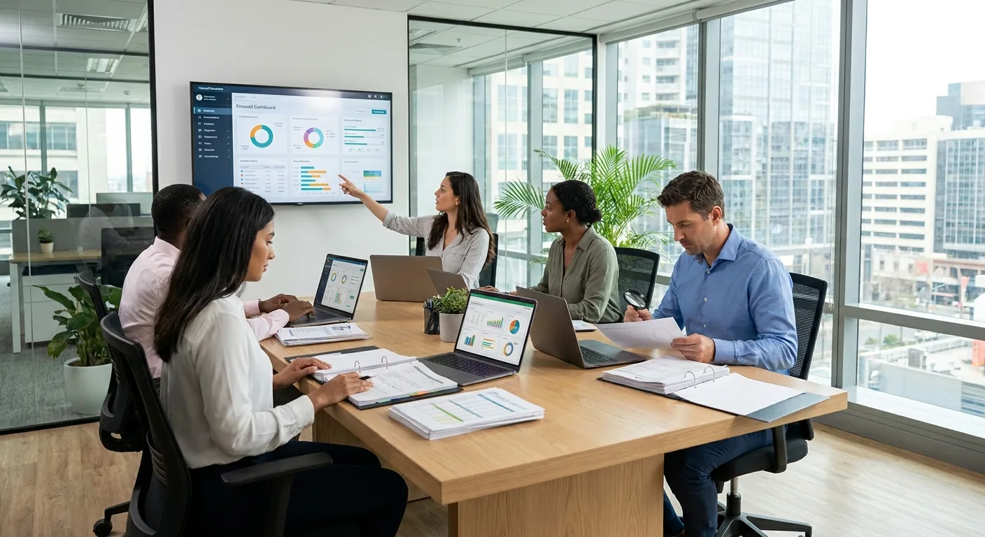 Consultants en paie examinant des documents et tableaux de bord numériques dans un bureau moderne lumineux
