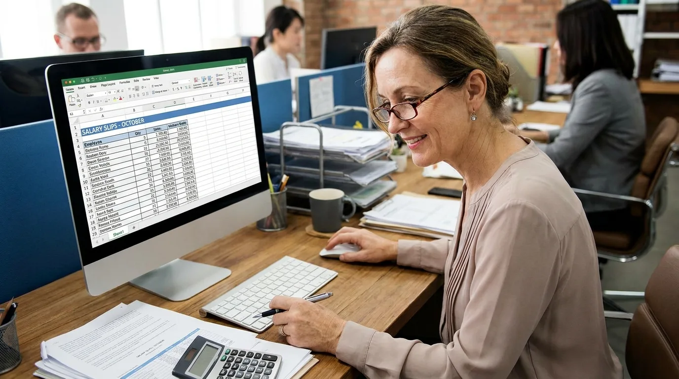 Gestionnaire de paie travaillant à son bureau, consultant des bulletins de salaire sur écran d'ordinateur.