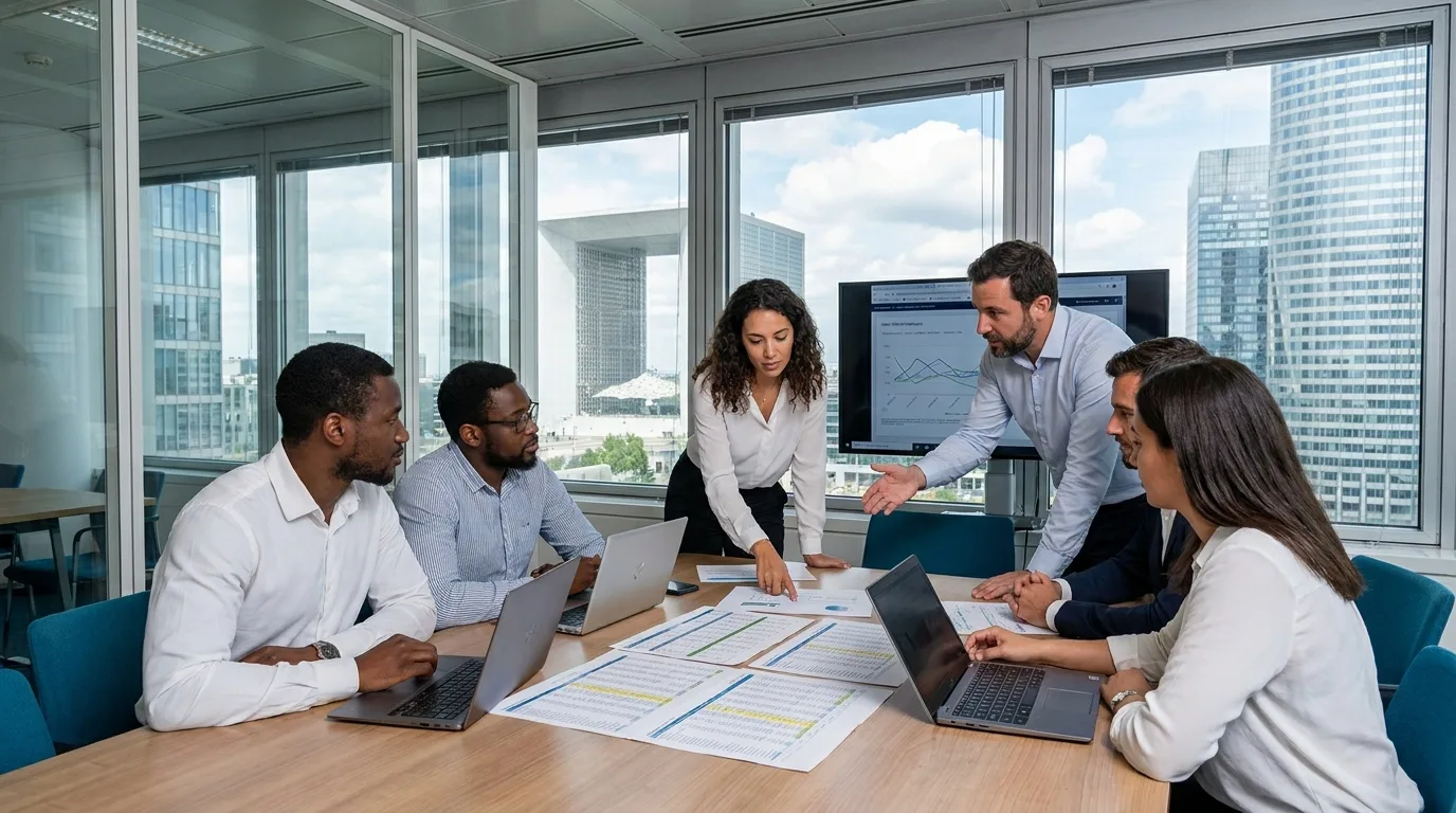 Équipe internationale dans un bureau moderne de La Défense examinant des documents de paie ensemble