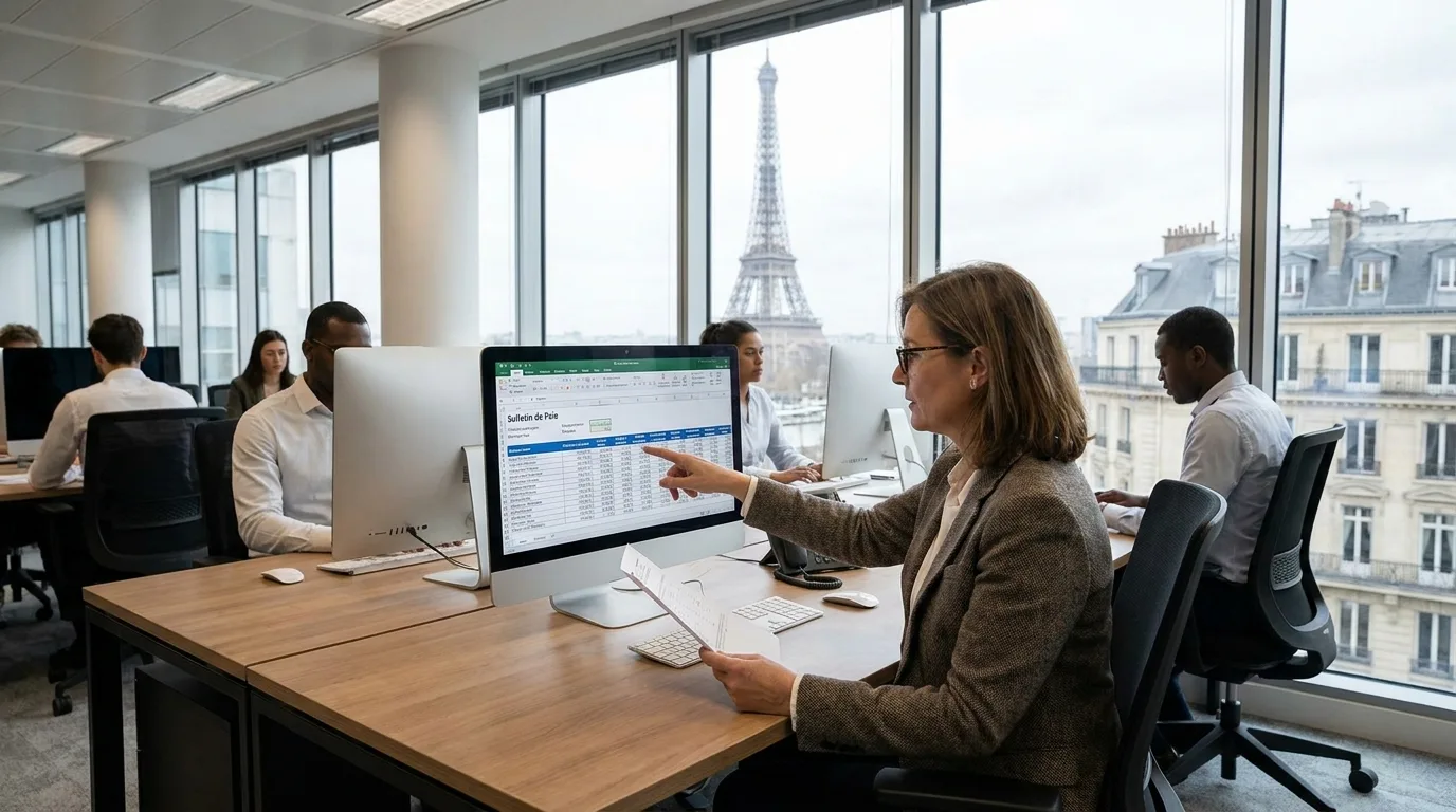 Gestionnaire de paie examinant des fiches de salaire sur écran d'ordinateur dans un bureau parisien moderne